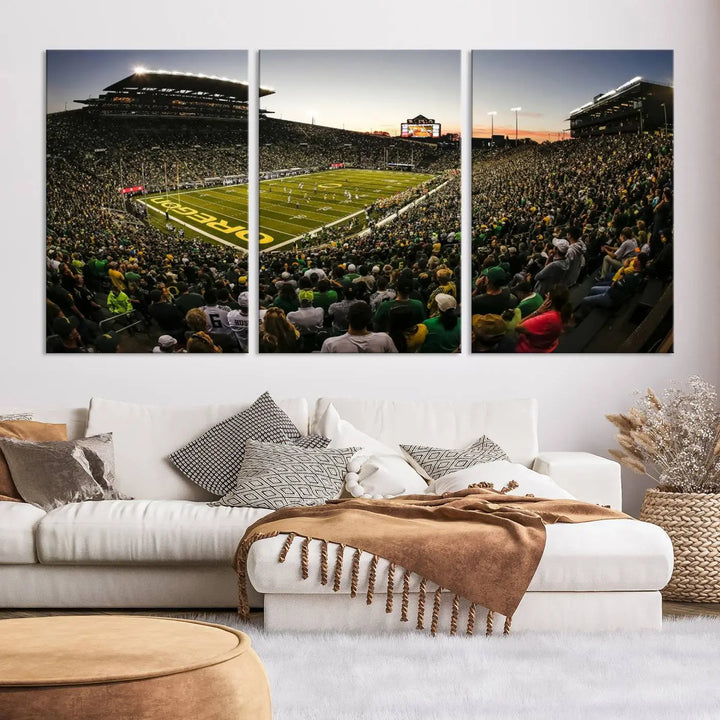 Oregon Stadium Canvas Wall Art - Captivating Game Day Scene at Autzen Stadium, Oregon Ducks Football Art brings the lively atmosphere of an Oregon Ducks football game to life with its vibrant energy.