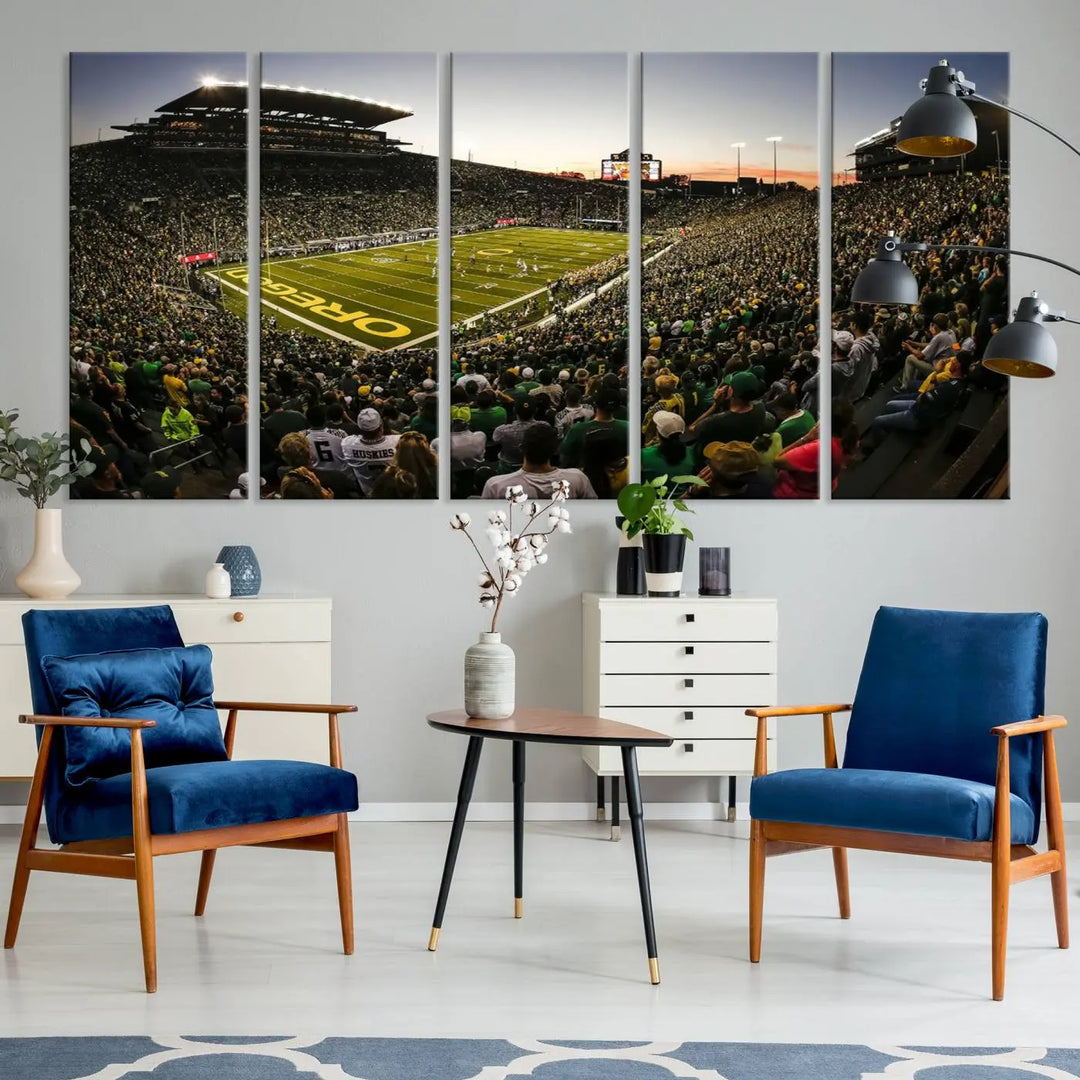 Oregon Stadium Canvas Wall Art - Captivating Game Day Scene at Autzen Stadium, Oregon Ducks Football Art brings the lively atmosphere of an Oregon Ducks football game to life with its vibrant energy.