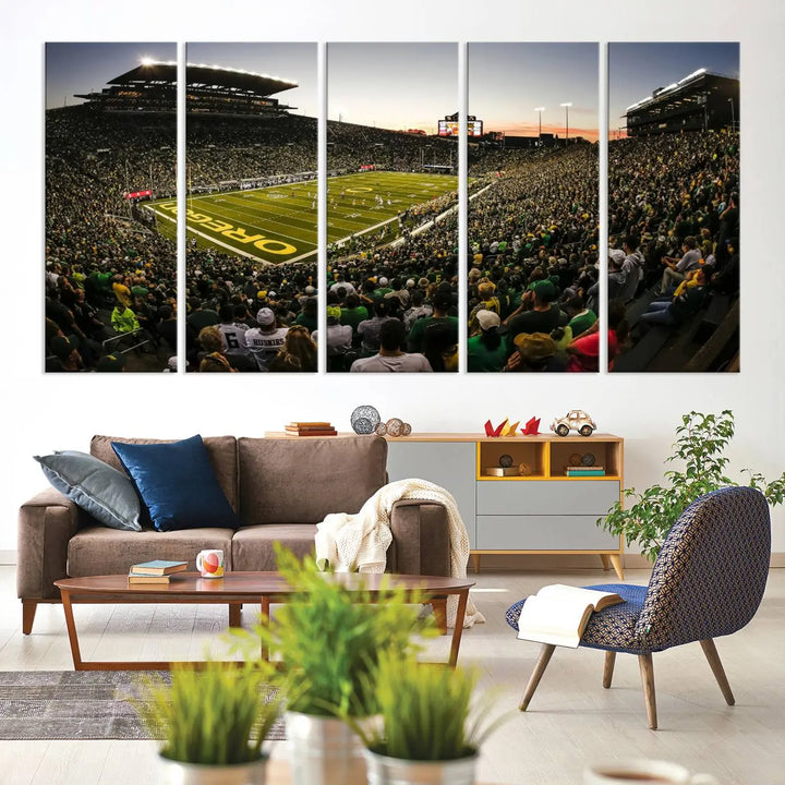 Oregon Stadium Canvas Wall Art - Captivating Game Day Scene at Autzen Stadium, Oregon Ducks Football Art brings the lively atmosphere of an Oregon Ducks football game to life with its vibrant energy.