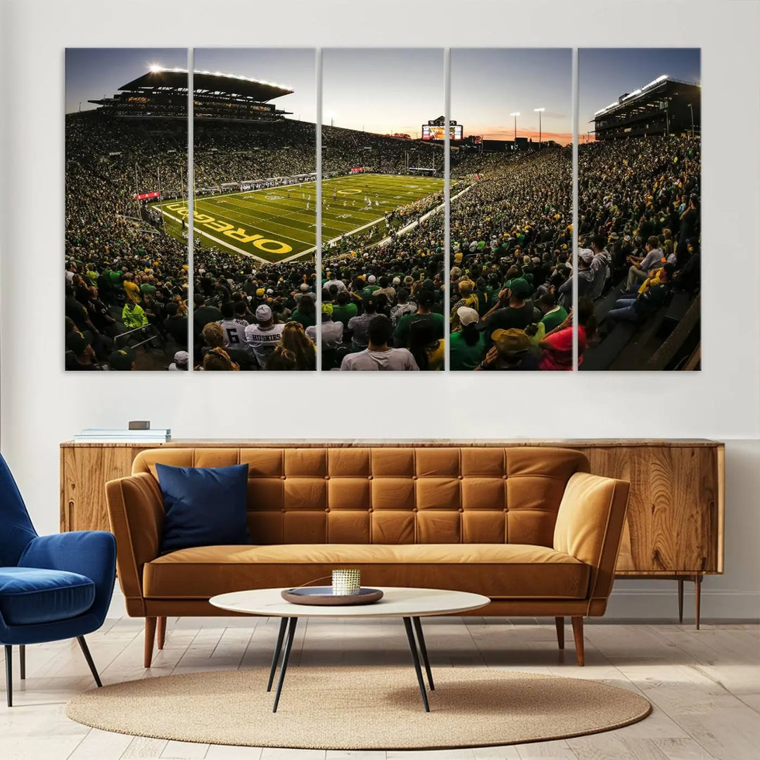 Oregon Stadium Canvas Wall Art - Captivating Game Day Scene at Autzen Stadium, Oregon Ducks Football Art brings the lively atmosphere of an Oregon Ducks football game to life with its vibrant energy.