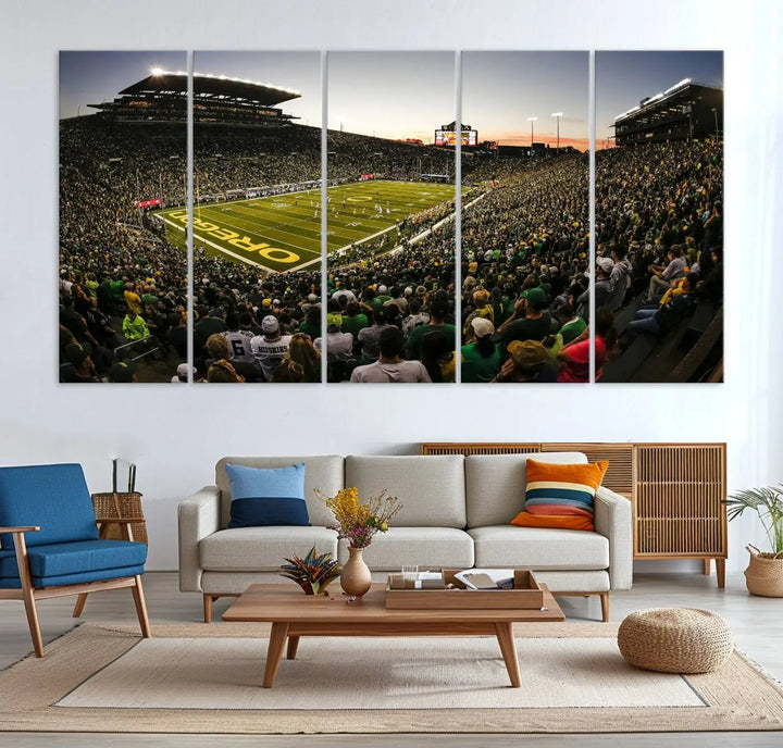 Oregon Stadium Canvas Wall Art - Captivating Game Day Scene at Autzen Stadium, Oregon Ducks Football Art brings the lively atmosphere of an Oregon Ducks football game to life with its vibrant energy.