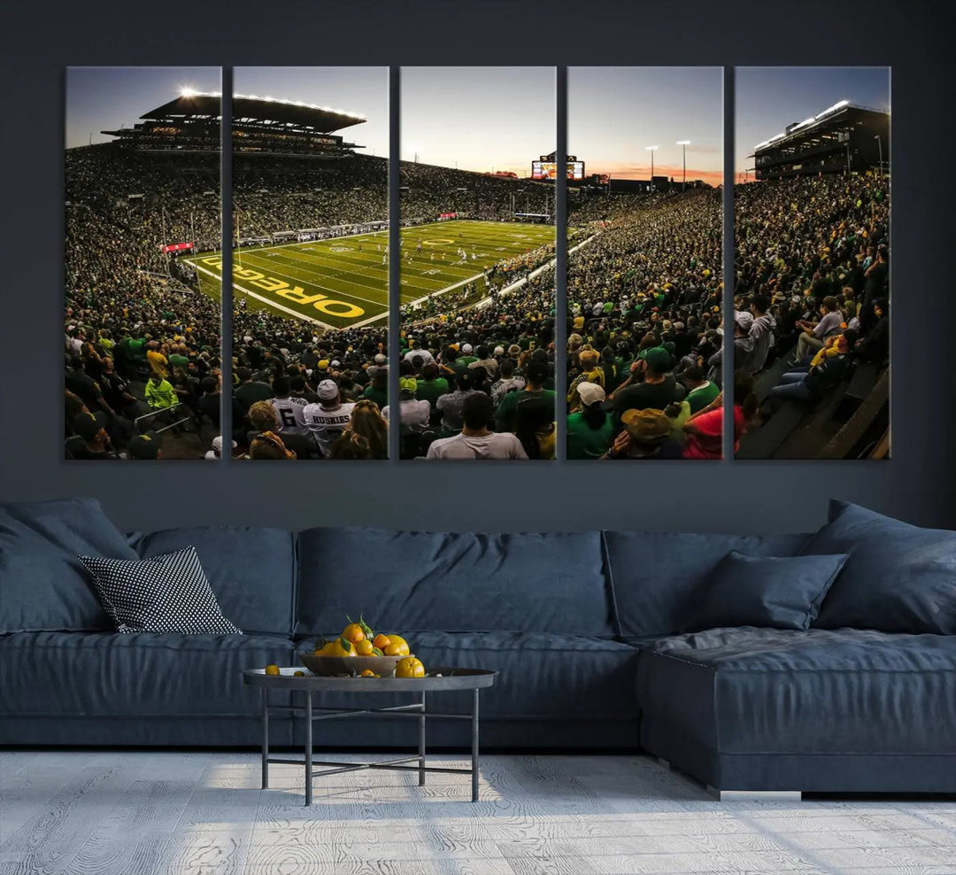 Oregon Stadium Canvas Wall Art - Captivating Game Day Scene at Autzen Stadium, Oregon Ducks Football Art brings the lively atmosphere of an Oregon Ducks football game to life with its vibrant energy.