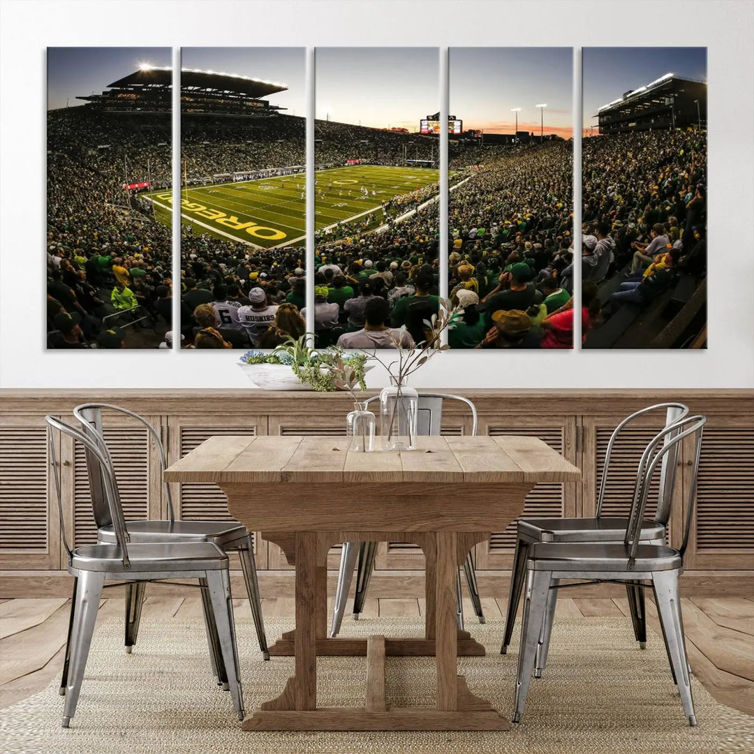 The Panoramic Oregon Stadium Canvas Wall Art vividly captures the captivating game day scene at Autzen Stadium, showcasing an Oregon Ducks football game. This piece is perfect for sports fans.