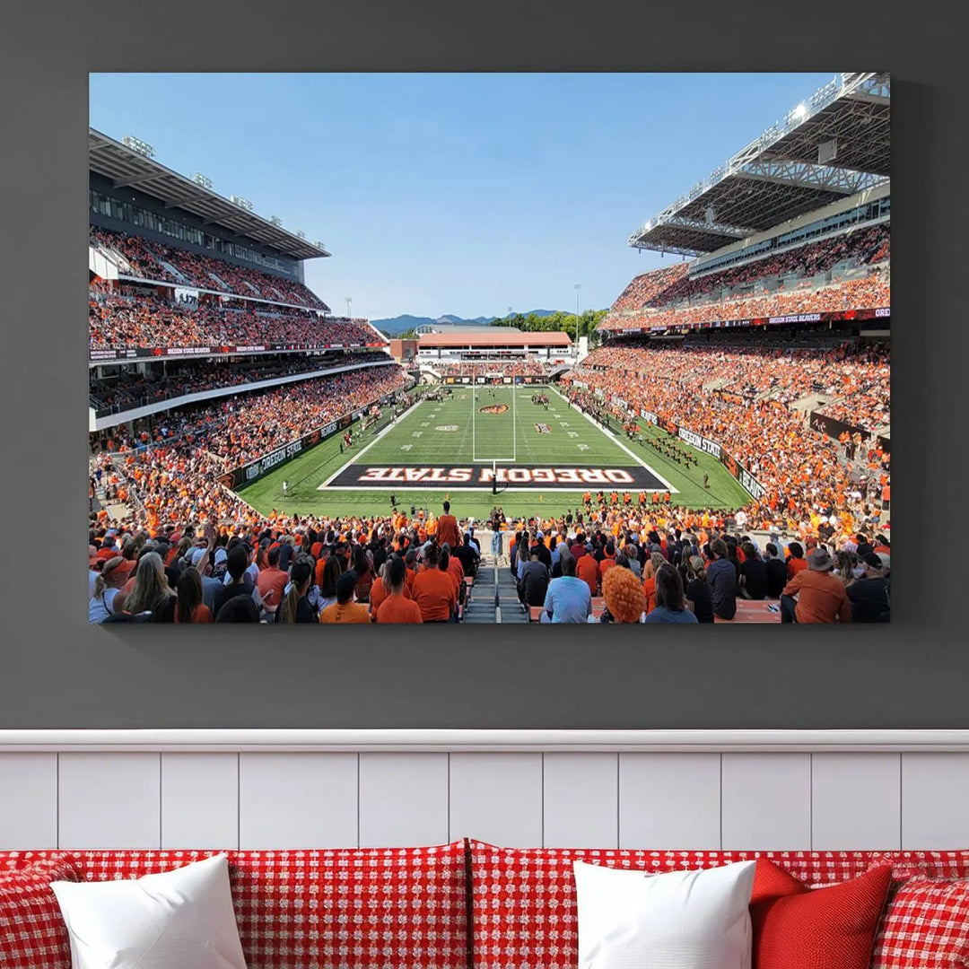 The Oregon State Beavers Football Team Print, featuring a vibrant depiction of Corvallis Reser Stadium on museum-quality canvas, adorns the room.