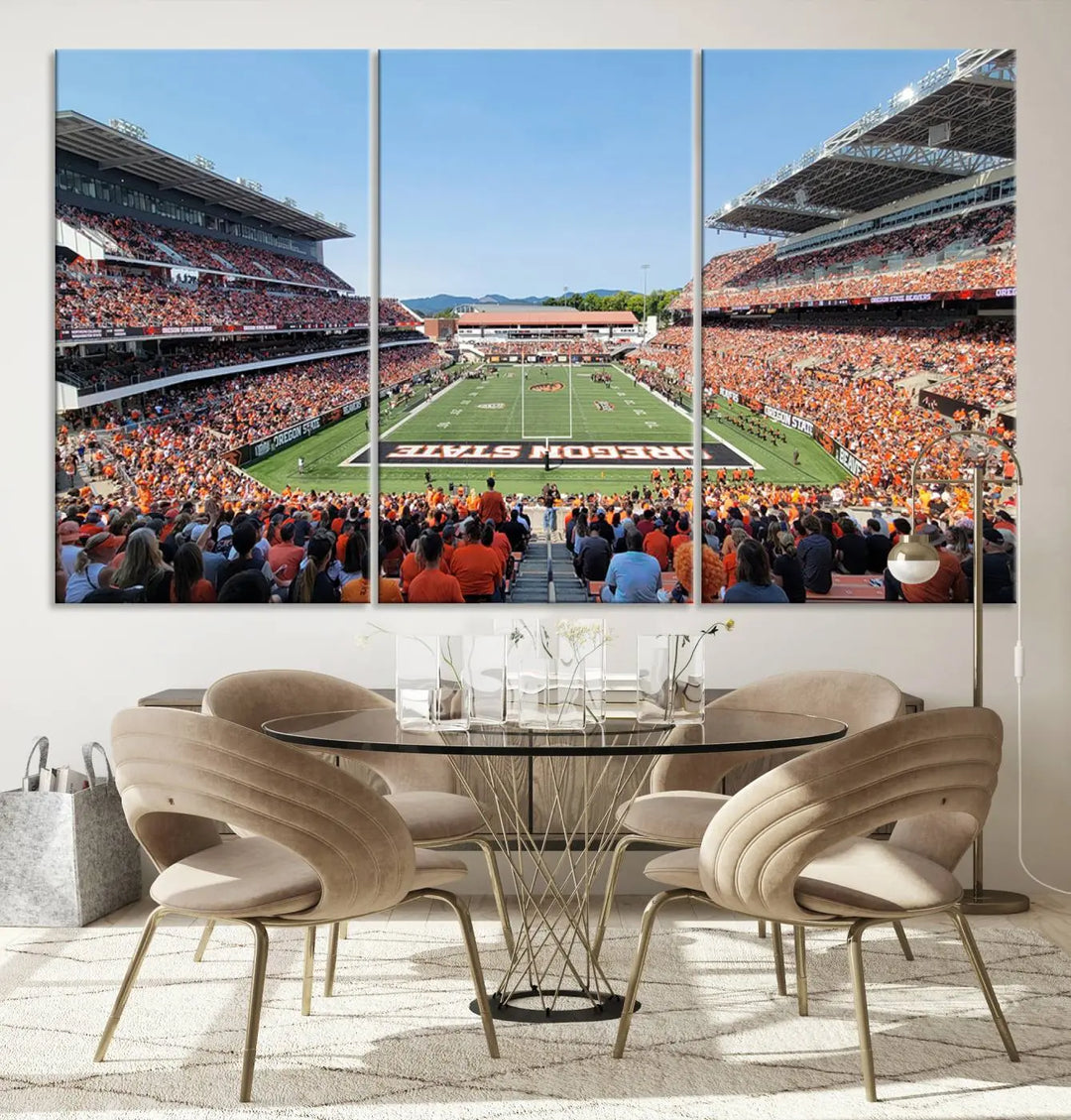 The Oregon State Beavers Football Team Print, featuring a vibrant depiction of Corvallis Reser Stadium on museum-quality canvas, adorns the room.