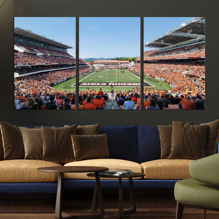 The Oregon State Beavers Football Team Print, featuring a vibrant depiction of Corvallis Reser Stadium on museum-quality canvas, adorns the room.