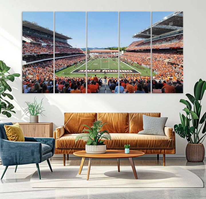 The Oregon State Beavers Football Team Print, featuring a vibrant depiction of Corvallis Reser Stadium on museum-quality canvas, adorns the room.