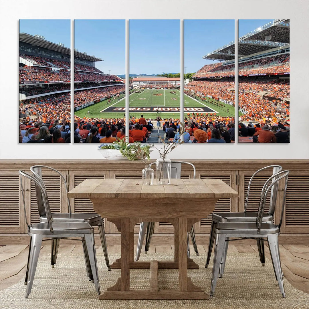 The Oregon State Beavers Football Team Print, featuring a vibrant depiction of Corvallis Reser Stadium on museum-quality canvas, adorns the room.