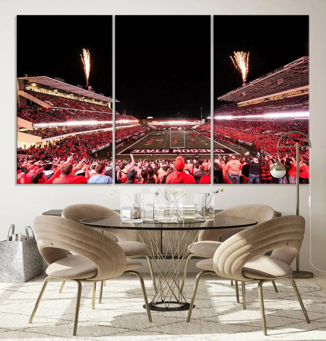 A modern living room is highlighted by an impressive triptych of the Oregon State Beavers Football Team's Reser Stadium adorned with fireworks. This vibrant scene is elegantly displayed on museum-quality canvas with high-resolution printing.