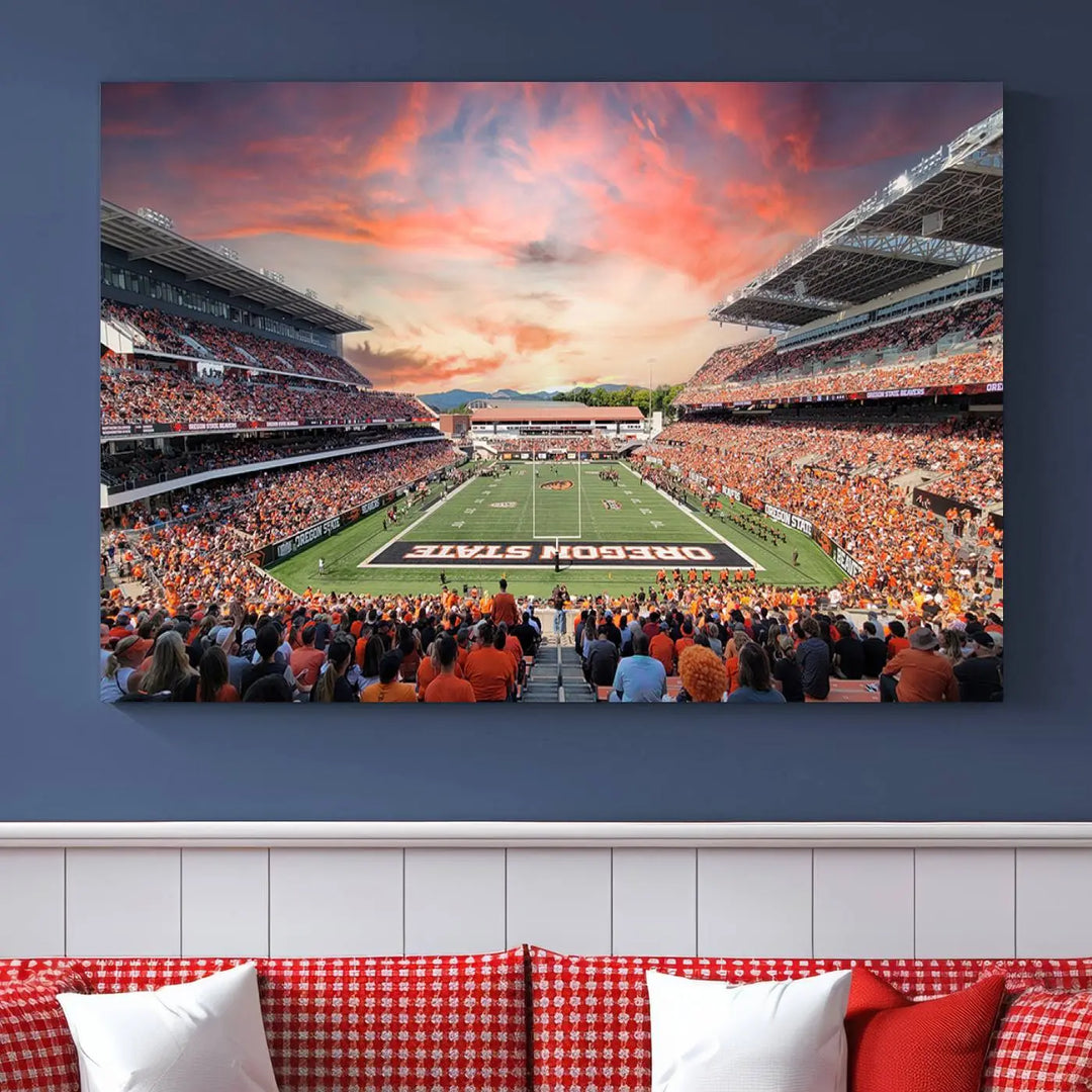 Marvel at a panoramic view of a bustling football stadium at sunset, beautifully captured on museum-quality canvas with high-resolution printing. This Oregon State Beavers Football Team Print of Corvallis Reser Stadium is thoughtfully displayed across three framed panels, making it an ideal gift for sports enthusiasts.