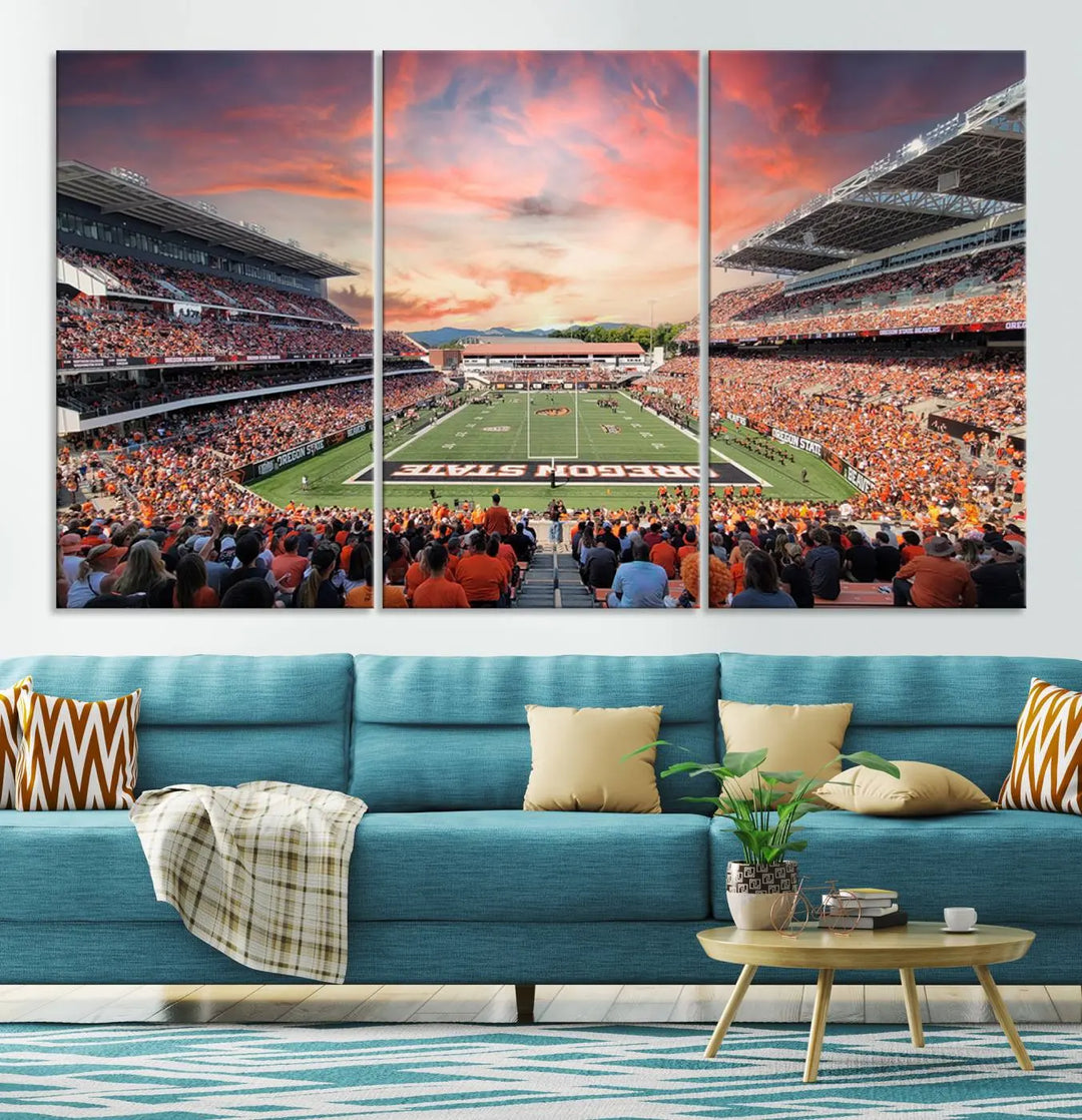 Marvel at a panoramic view of a bustling football stadium at sunset, beautifully captured on museum-quality canvas with high-resolution printing. This Oregon State Beavers Football Team Print of Corvallis Reser Stadium is thoughtfully displayed across three framed panels, making it an ideal gift for sports enthusiasts.