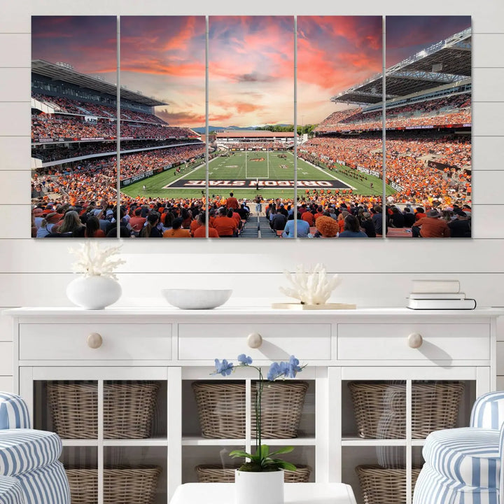 Marvel at a panoramic view of a bustling football stadium at sunset, beautifully captured on museum-quality canvas with high-resolution printing. This Oregon State Beavers Football Team Print of Corvallis Reser Stadium is thoughtfully displayed across three framed panels, making it an ideal gift for sports enthusiasts.