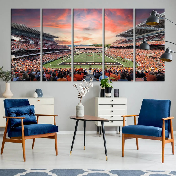 Marvel at a panoramic view of a bustling football stadium at sunset, beautifully captured on museum-quality canvas with high-resolution printing. This Oregon State Beavers Football Team Print of Corvallis Reser Stadium is thoughtfully displayed across three framed panels, making it an ideal gift for sports enthusiasts.