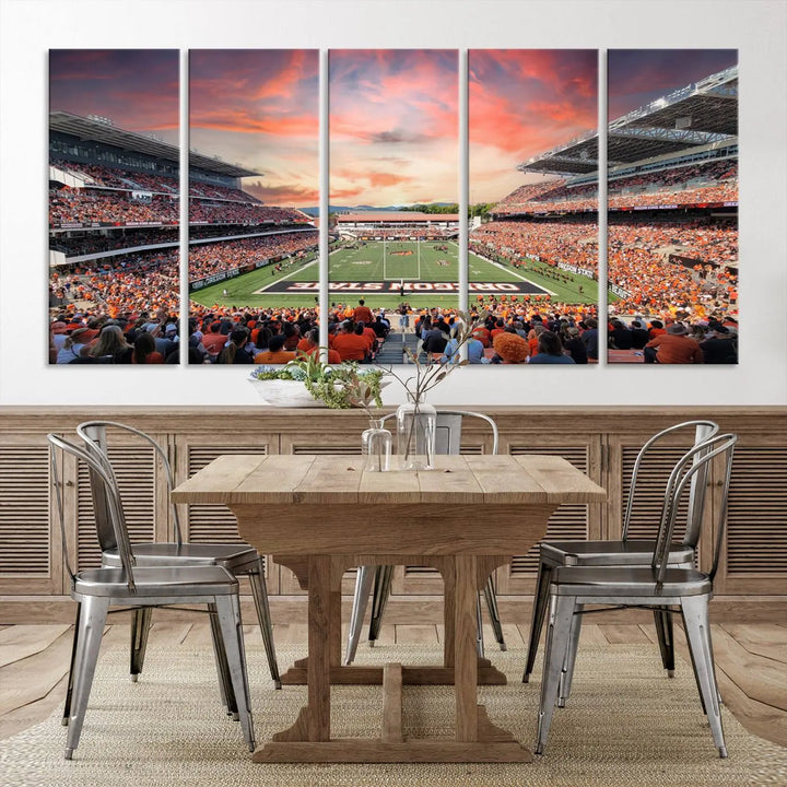 Marvel at a panoramic view of a bustling football stadium at sunset, beautifully captured on museum-quality canvas with high-resolution printing. This Oregon State Beavers Football Team Print of Corvallis Reser Stadium is thoughtfully displayed across three framed panels, making it an ideal gift for sports enthusiasts.