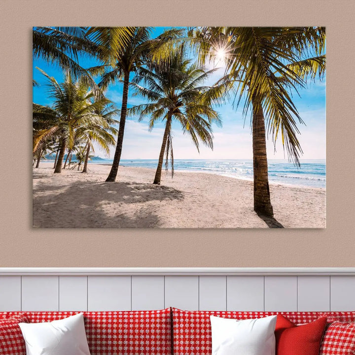 A living room showcasing the Palm Beach Tropical Island Wall Art Canvas Print, a triptych of palm trees on a sandy beach, offered in museum-quality canvas.