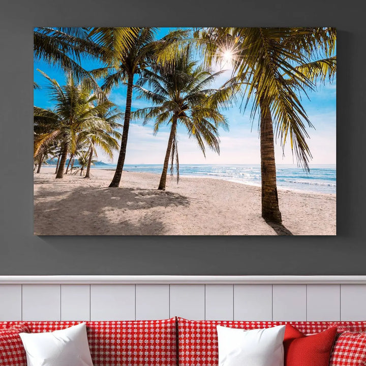 A living room showcasing the Palm Beach Tropical Island Wall Art Canvas Print, a triptych of palm trees on a sandy beach, offered in museum-quality canvas.