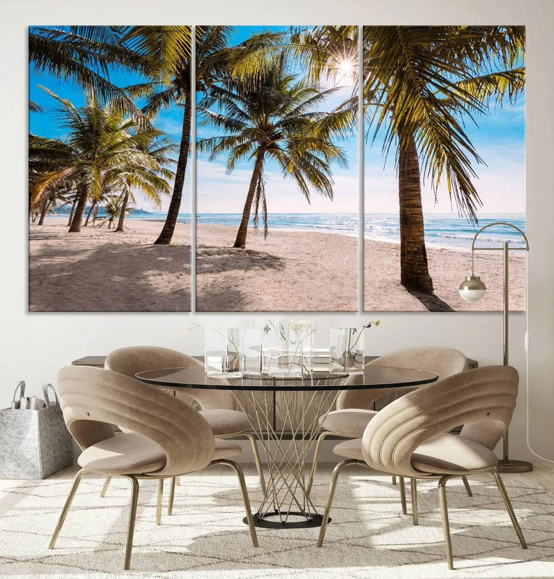 A living room showcasing the Palm Beach Tropical Island Wall Art Canvas Print, a triptych of palm trees on a sandy beach, offered in museum-quality canvas.