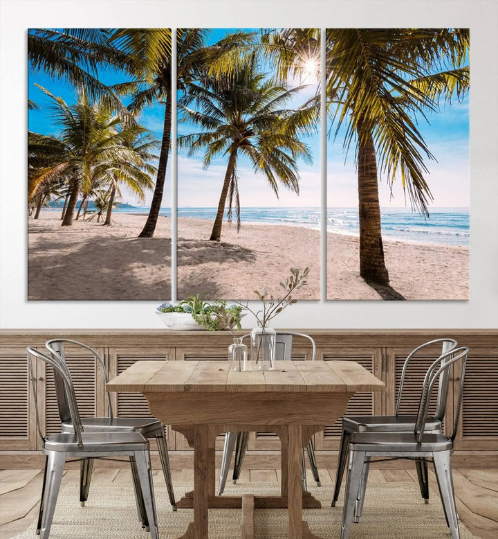 A living room showcasing the Palm Beach Tropical Island Wall Art Canvas Print, a triptych of palm trees on a sandy beach, offered in museum-quality canvas.