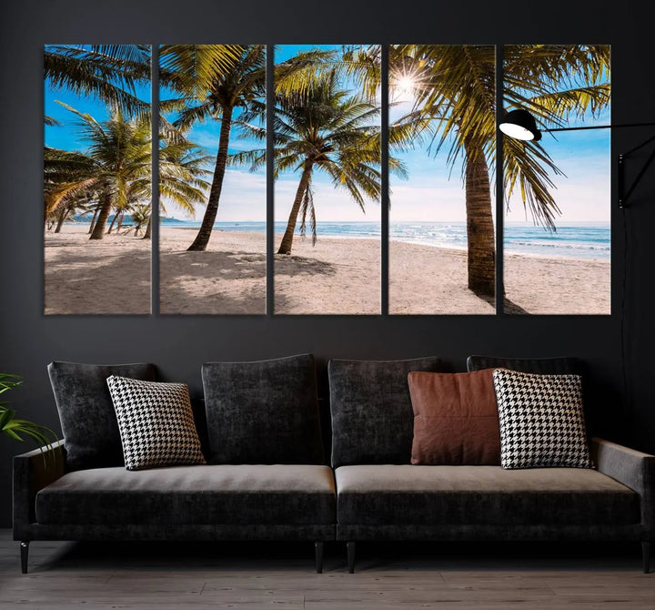 A living room showcasing the Palm Beach Tropical Island Wall Art Canvas Print, a triptych of palm trees on a sandy beach, offered in museum-quality canvas.