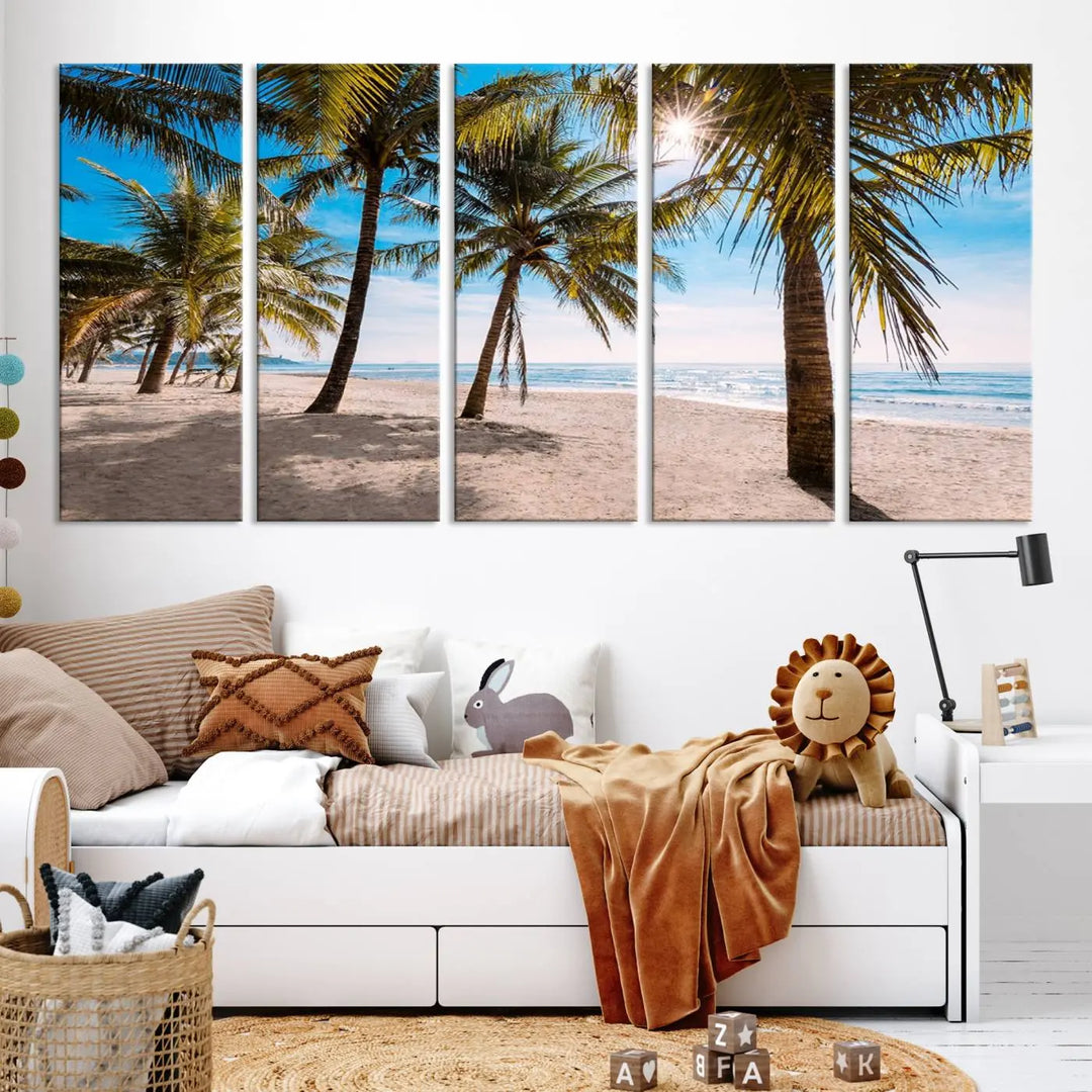 A living room showcasing the Palm Beach Tropical Island Wall Art Canvas Print, a triptych of palm trees on a sandy beach, offered in museum-quality canvas.