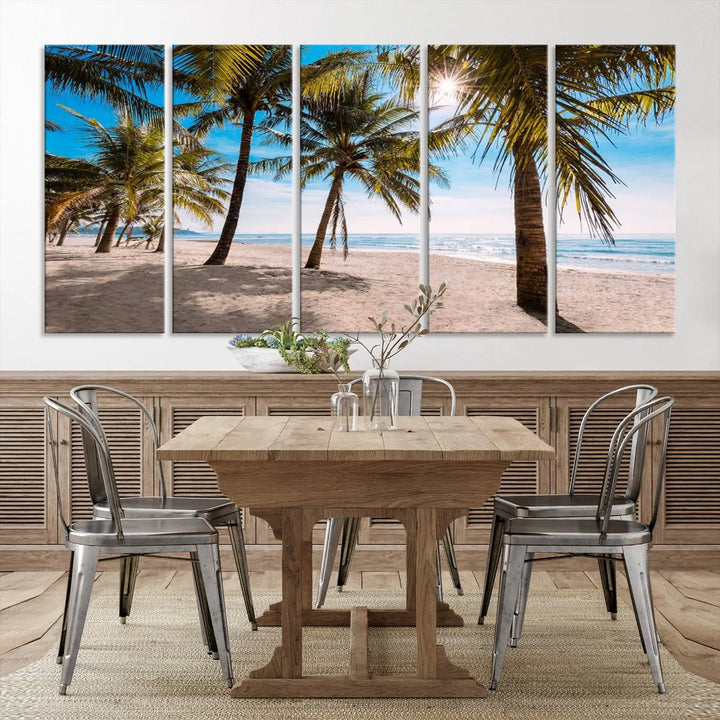 A living room showcasing the Palm Beach Tropical Island Wall Art Canvas Print, a triptych of palm trees on a sandy beach, offered in museum-quality canvas.