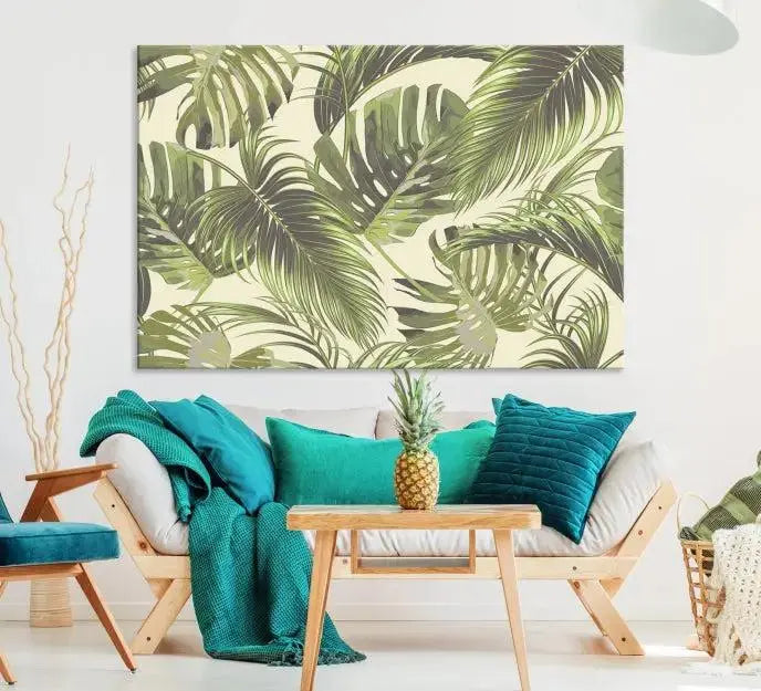 Cozy room featuring "Palm Leaves" wall art on museum-quality canvas.