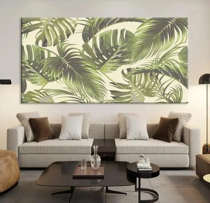 Cozy room featuring "Palm Leaves" wall art on museum-quality canvas.