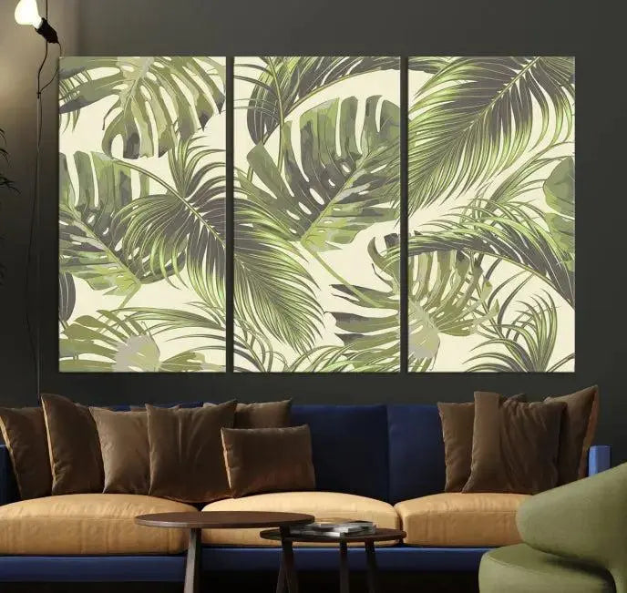 Cozy room featuring "Palm Leaves" wall art on museum-quality canvas.