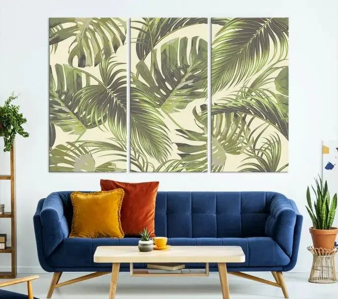 Cozy room featuring "Palm Leaves" wall art on museum-quality canvas.