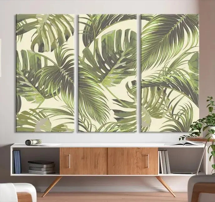 Cozy room featuring "Palm Leaves" wall art on museum-quality canvas.