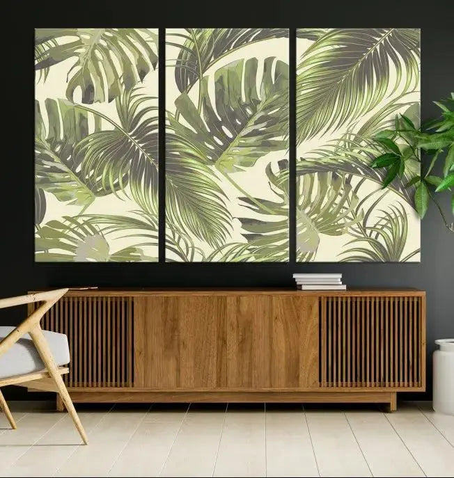 Cozy room featuring "Palm Leaves" wall art on museum-quality canvas.