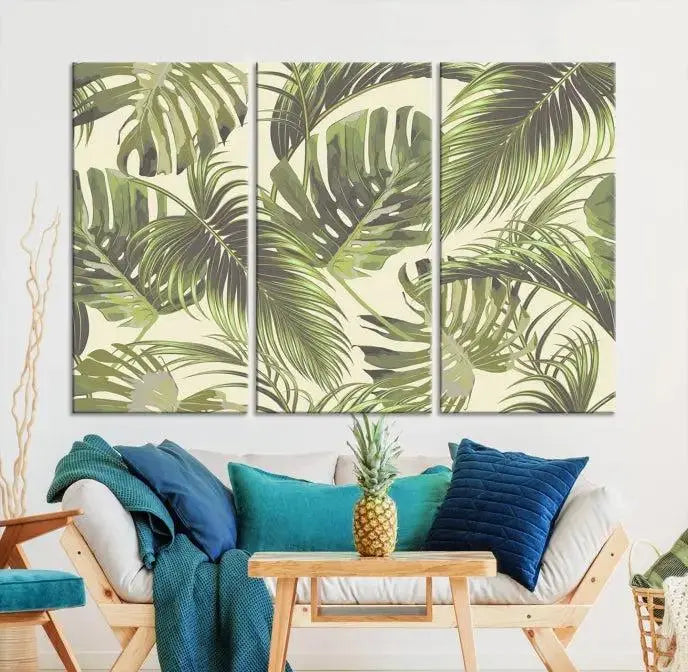 Cozy room featuring "Palm Leaves" wall art on museum-quality canvas.