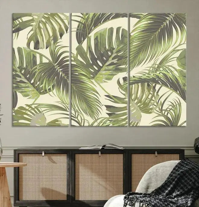 Cozy room featuring "Palm Leaves" wall art on museum-quality canvas.