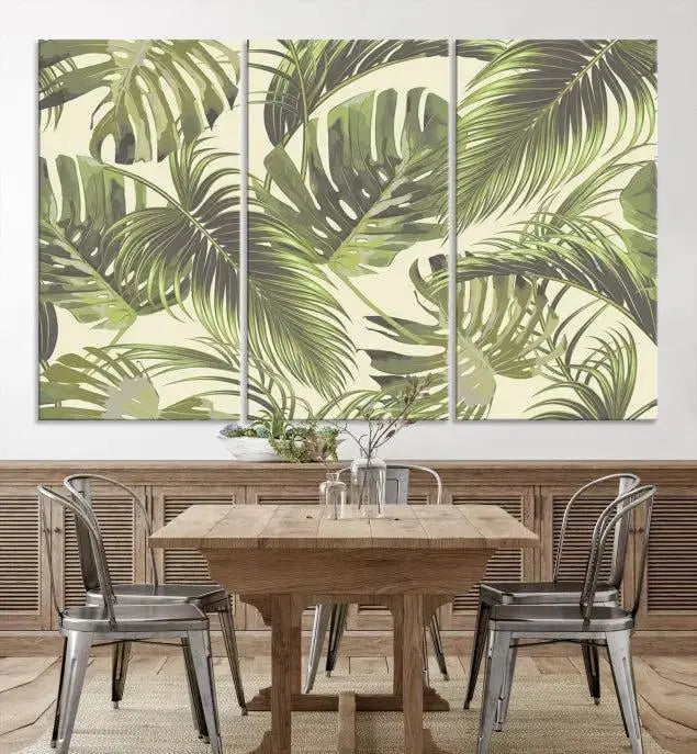 Cozy room featuring "Palm Leaves" wall art on museum-quality canvas.