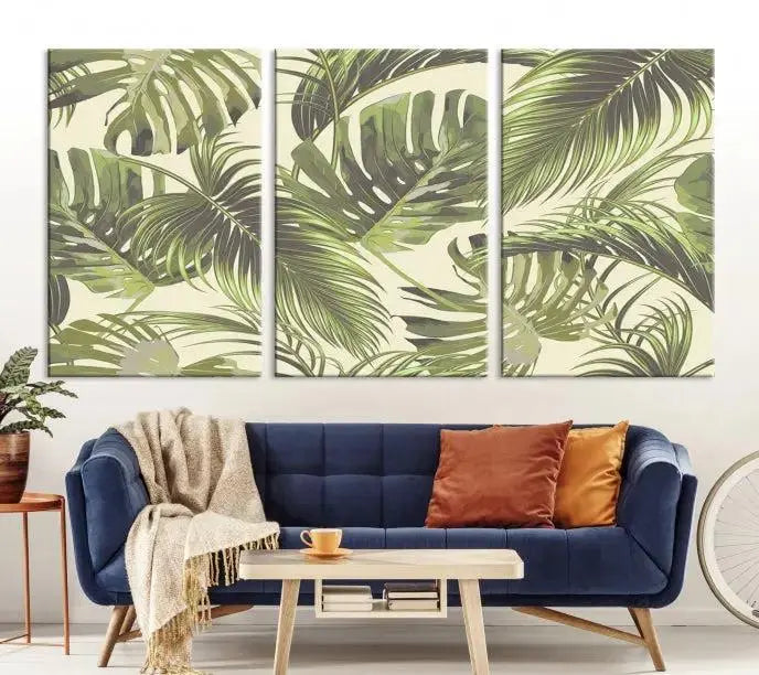 Cozy room featuring "Palm Leaves" wall art on museum-quality canvas.