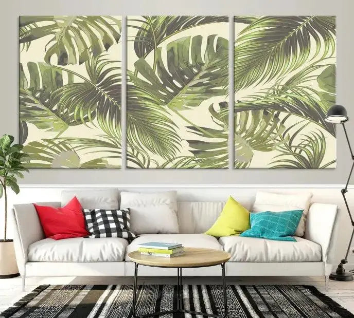 Cozy room featuring "Palm Leaves" wall art on museum-quality canvas.