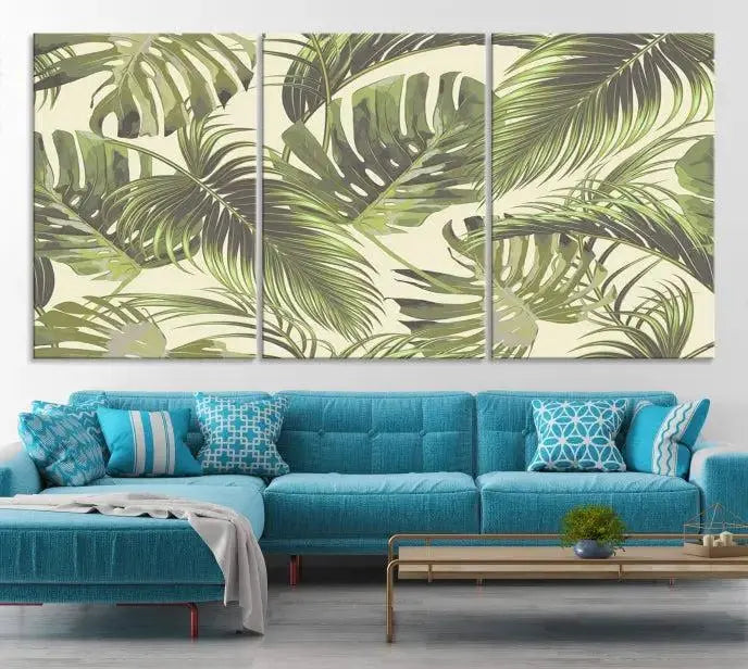 Cozy room featuring "Palm Leaves" wall art on museum-quality canvas.