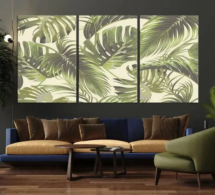 Cozy room featuring "Palm Leaves" wall art on museum-quality canvas.