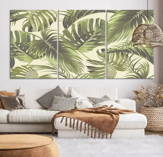 Cozy room featuring "Palm Leaves" wall art on museum-quality canvas.