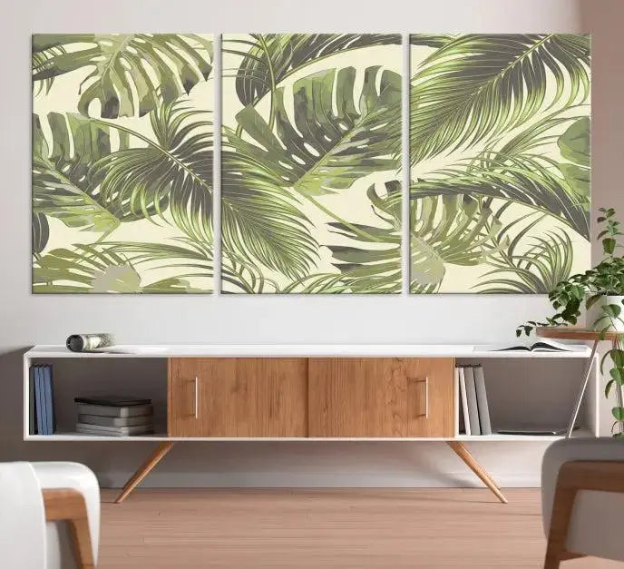 Cozy room featuring "Palm Leaves" wall art on museum-quality canvas.