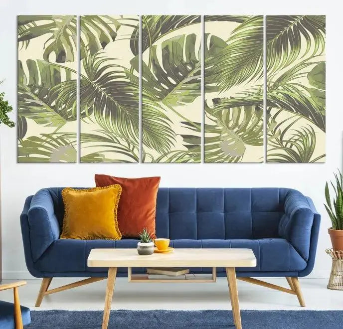 Cozy room featuring "Palm Leaves" wall art on museum-quality canvas.