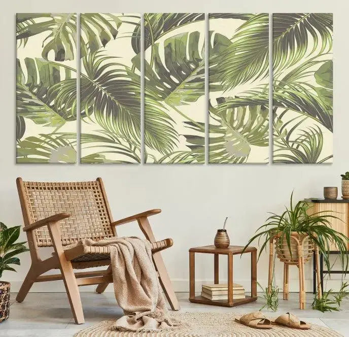 Cozy room featuring "Palm Leaves" wall art on museum-quality canvas.