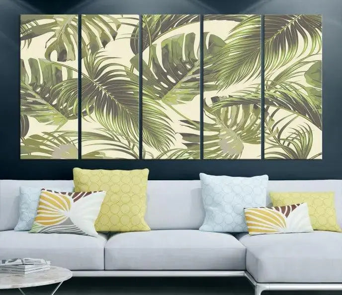 Cozy room featuring "Palm Leaves" wall art on museum-quality canvas.