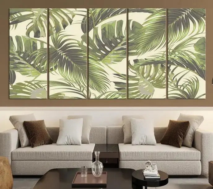 Cozy room featuring "Palm Leaves" wall art on museum-quality canvas.