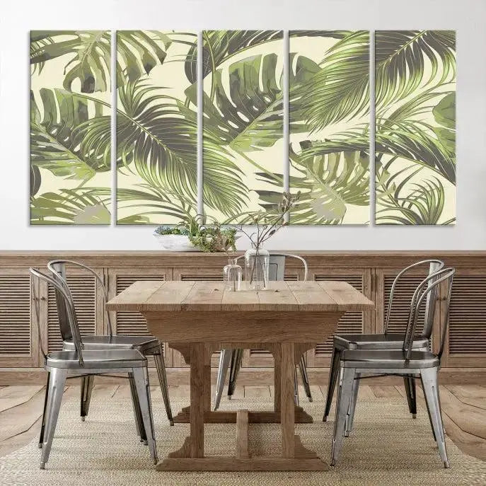 Cozy room featuring "Palm Leaves" wall art on museum-quality canvas.