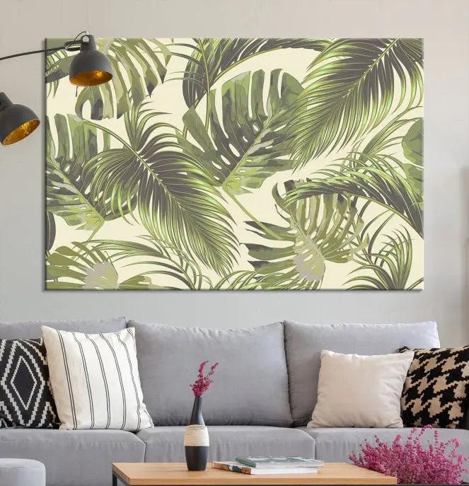 Cozy room featuring "Palm Leaves" wall art on museum-quality canvas.