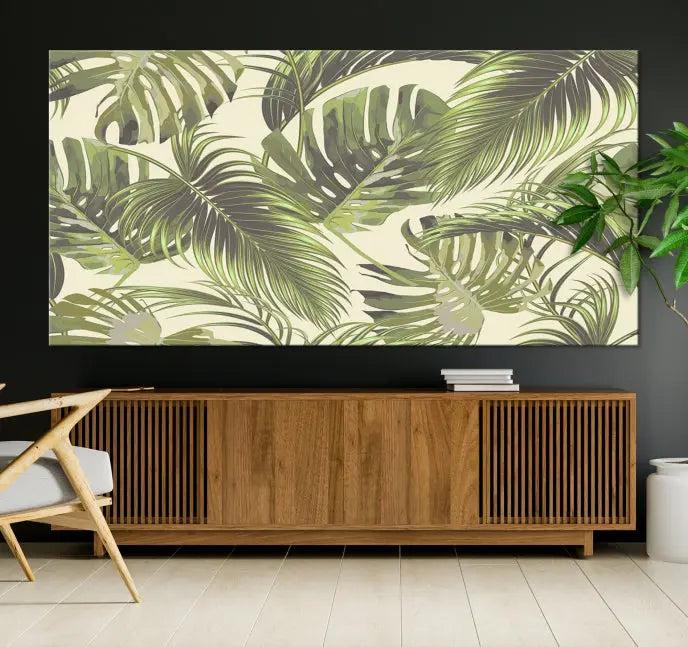 Cozy room featuring "Palm Leaves" wall art on museum-quality canvas.