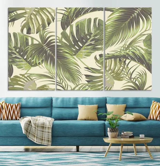 Cozy room featuring "Palm Leaves" wall art on museum-quality canvas.