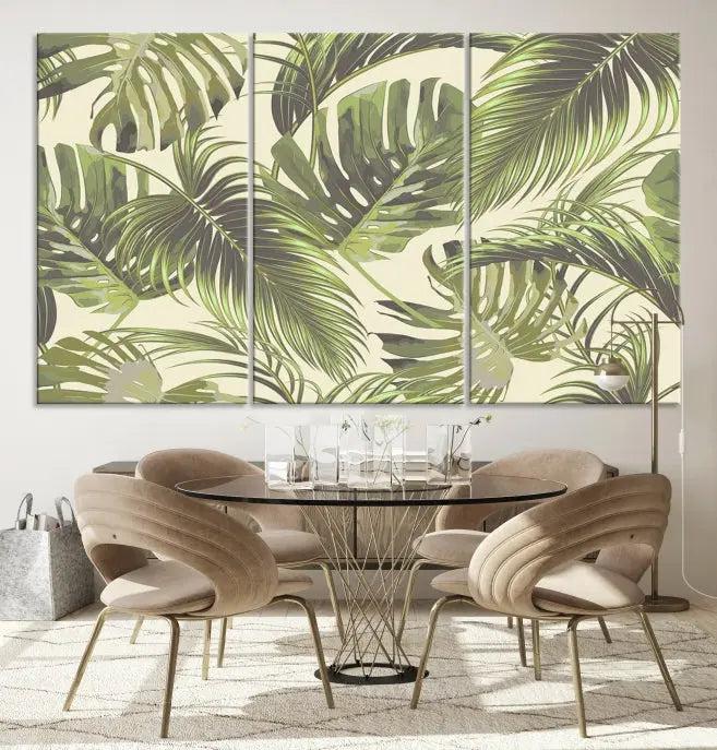 Cozy room featuring "Palm Leaves" wall art on museum-quality canvas.