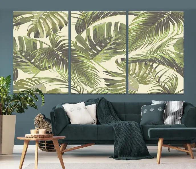 Cozy room featuring "Palm Leaves" wall art on museum-quality canvas.